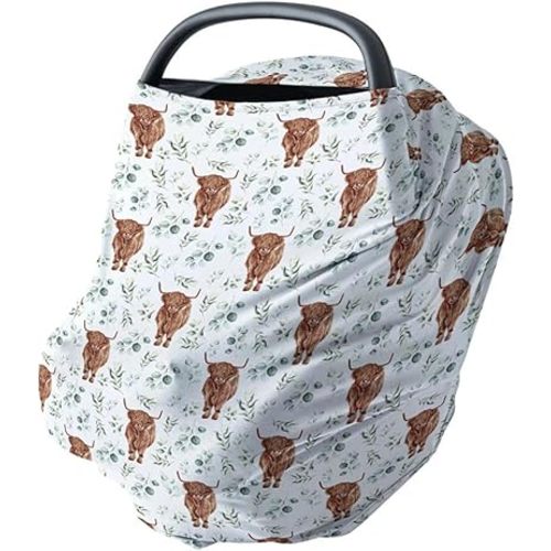 HawSkgFub Highland Cow Eucalyptus Leaf 5-in-1 Car Seat Cover for Baby Boy Cow Lover Gift, Western Cowboy Privacy Breastfeeding Nursing Cover, Newborn Infant Multi-use Carseat Canopy Carrier