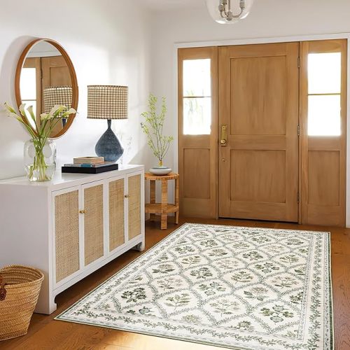 Green and Beige Rugs 4x6 Nursery Area Rugs Washable for Living Room, Christmas Faux Wool Soft Floral Boho Vintage Indoor Carpet for Bedroom, Dark Emerald Olive Green Flower and Leaf