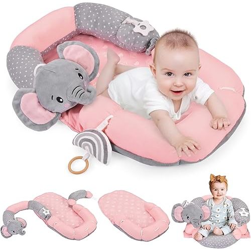 4 in 1 Tummy Time Mat & Seated Support Pillows, Play Mat, Sitting Support for Newborn 0-12 Months, Infant Baby Sit Me Up Floor Seat, Sensory Development Gifts Tummy Time Play Toys, Elephant