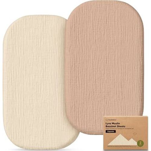 2-Pack Muslin Baby Bassinet Sheets Girls, Boys – 100% Cotton Organic Bassinet Sheets, 33x20 Oval Capsule Mattress Cover, Universal Fit Compatible with Maxi Cosi Iora Baby Bassinet Mattress (Almond)