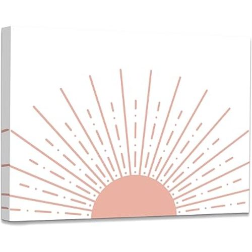 WODMIS Boho Framed Wall Art,Boho Sunshine Sun Pink Framed Canvas Wall Art Decor 11x14,Boho Sun Sunshine Sunset Pink Dorm Bathroom Office Home Painting Artwork Wall Art Decor Decoration(White-Pink)