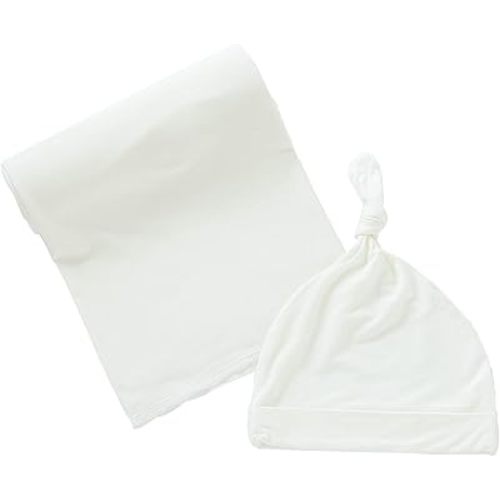iEvolve Cotton Knitted Baby Swaddle Blanket with Hat Headband Set Newborn Swaddle Wrap Receiving Blankets for Baby Girl Boy 35" x 35"(White)