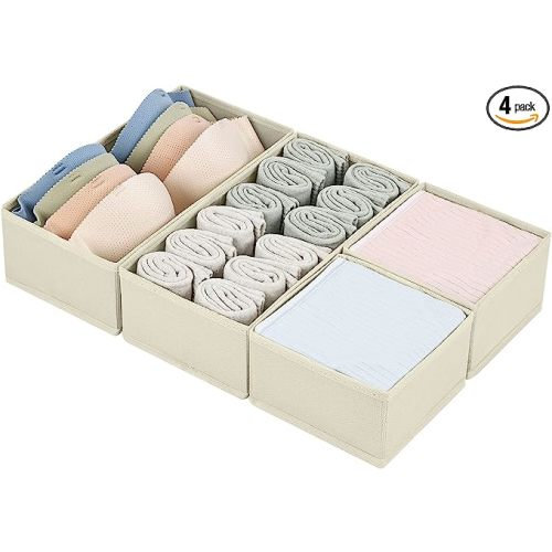 DIMJ Drawer Organizers for Clothing, Set of 4 Dresser Drawer Organizers, Fabric Closet Organizers and Storage, Drawer Dividers for Baby Clothes, Socks, Belt, Tie (Beige) - 4 Pack
