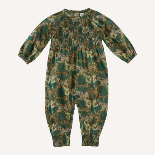 long sleeve puff smocked jumpsuit | green moth wallpaper | organic cot – kate quinn