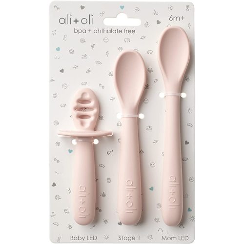 Ali+Oli (3pc) Silicone Spoon Set for Baby (Blush) Unbreakable Baby Spoons, Self Feeding Utensils, Multi-stage Design, Ergonomic Handle