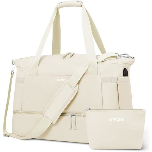 ETRONIK Gym Bag for Women, 55L Travel Duffel Bag with USB Charging Port, Weekender Overnight Bag with Wet Pocket and Shoes Compartment for Women Travel, Large Size (Beige)