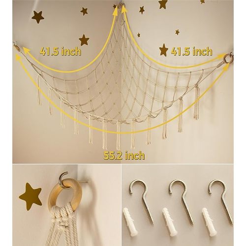Stuffed Animal Storage Hammock or Net Corner - Large Toy Hammock Net for Stuffed Animals Room Decor - Cute Stuff Animal Organizer Holder for Plush Plushie - Kids Baby Nursery Wall Bedroom Home Decor - Beige