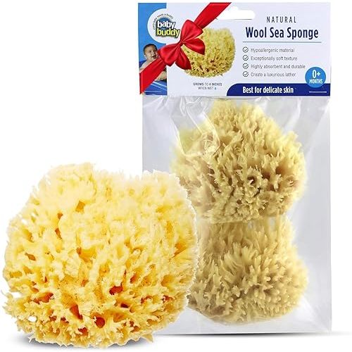 Baby Buddy Absorbent Natural Bath Sponge, Ultra Soft Premium Sea Wool Sponge, Soft on Baby's Tender Skin, Bath Accessories Baby and Kids, Infant Bath, Biodegradable, Hypoallergenic, 2pk, 4in