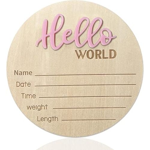 Baby Announcement Sign, 5.9 Inch Wooden Hello World Newborn Signs, Birth Announcement Sign, Baby Shower Hospital Nursery for Newborn Boys and Girls… (Pink)