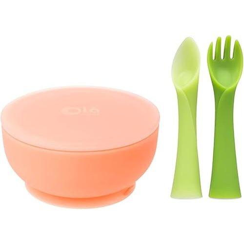 Olababy Training Fork, Training Spoon and Suction Bowl(Coral) Bundle