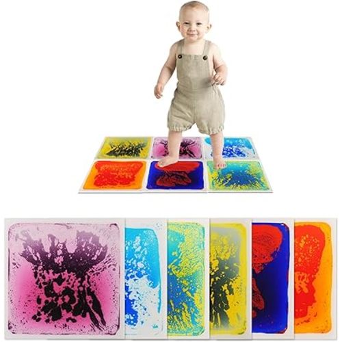 Art3d Liquid Sensory Floor Activity Tiles, 11.8"x11.8" Square, Multicolor, 6 Tiles