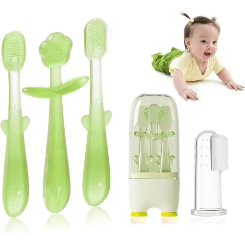 FOKiiBO Baby Silicone Toothbrush Set, Toothbrush + Tongue Brush + Toothbrush + Finger Toothbrush with Cup for Training Teething, 0-18M Infant Toddler Newborn Baby Teeth Brushes