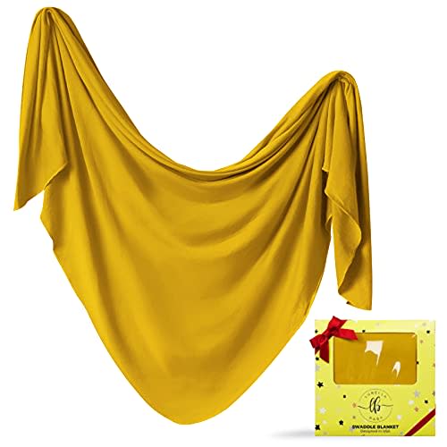 LUBELLA SUPPLY COMPANY Large Stretchy Swaddle Blankets 47" - Newborn Swaddle and Hat Set - Jersey Receiving Baby Blanket for Boys & Girls - Soft Stretch Infant Wrap 0-3 Months (Mustard)