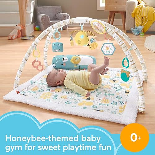 Fisher-Price Baby Playmat Honey Bee Music & Lights Activity Gym with Tummy Wedge & 6 Activities for Developmental Play Newborns Ages 0+ Months