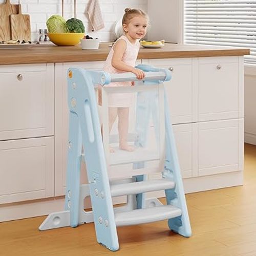Adjustable Height Toddler Tower, Space Saving Kids Kitchen Step Stool with Removable Safety Net, Non-Slip Standing Platform for Toddlers 1.5-6 Years-Blue