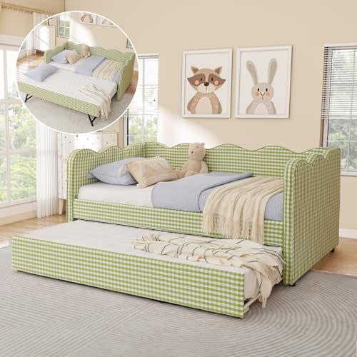 Twin Size Daybed with Pop Up Trundle, Linen Gingham Twin to King Daybed with USB Ports, Upholstered Day Bed Frame, Modern Sofa Bed for Living Room/Bedroom/Guest Room, No Box Spring Needed, Green