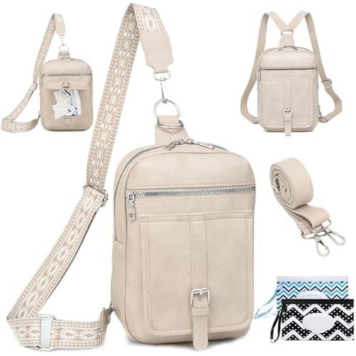 Sling Bag Crossbody Backpack - 2 in 1 Leather Cross Body Bag Fanny Pack with 2 Removable Straps