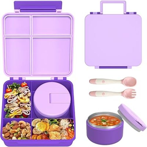Bento Lunch Box with 8oz Soup Thermo, Kids Leakproof Lunch Food Containers with 4 Compartment (Purple)