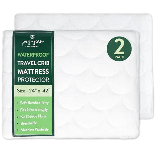 Joey + Joan Waterproof Travel Crib Mattress Pad Cover Compatible with Guava Lotus, Babybjorn, Dream on Me – 2 Pack Quilted Mattress Protector from Ultra Soft Bamboo Viscose Terry – 24" x 42"
