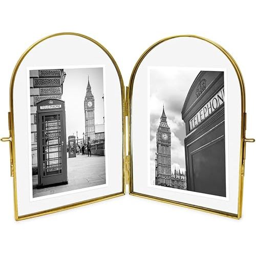 Isaac Jacobs 4x6 Vintage Style, Double-Sided Arched Brass & Glass Metal Floating Picture Frame with Locket Closure (Vertical), Made for Tabletop Display (4x6 Vertical, Antique Gold)