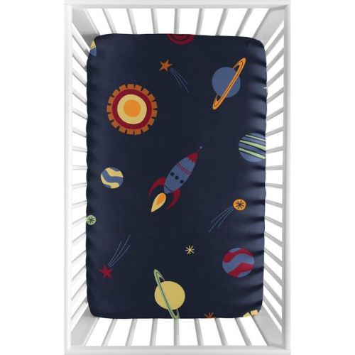 Sweet Jojo Designs Boy Baby Fitted Mini Crib Sheet Space Galaxy Navy Blue Red And Yellow