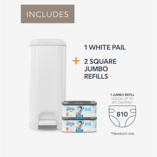 Diaper Genie Select Pail Registry Gift Set (White) | Made of Durable Stainless Steel Metal | Includes 2 Jumbo Refills | Holds 1620 Newborn Diapers