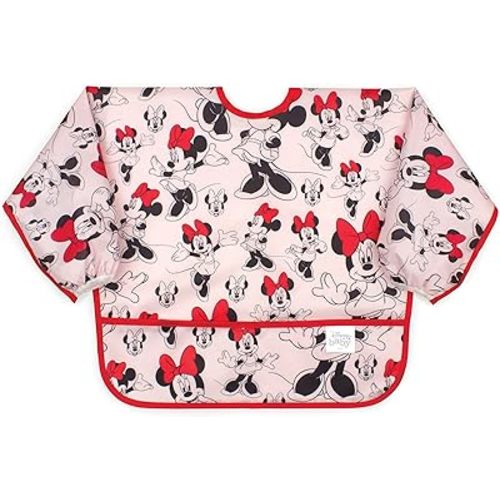 Bumkins Disney Bibs, Baby and Toddler Girls and Boys 6-24 Months, Long Sleeve, Essential Must Have for Eating, Feeding, Mess Saving Lightweight Waterproof Fabric Sleeved Smock, Minnie Mouse Classic