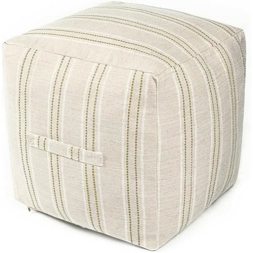 AELS Unstuffed Farmhouse Pouf Cover for Living Room, Boho Storage Bean Bag Cubes, Beige with Brown Stitch Yarn Dyed Stripe Square Ottoman Pouf Foot Rest Footstool, 18"x18"x18", Cover ONLY