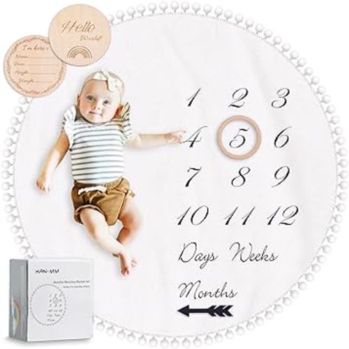 Baby Milestone Monthly Blanket with Double-Sided Milestone Cards and Circle Ring Play Mat Large(43.3" X43.3') Double Sided Pom Pom Ball Thick Flannel Round Rug for Boy Girl, Baby Photography Props