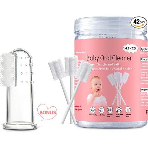 Baby Tongue Cleaner, Baby Toothbrush, 42Pcs Disposable Infant Toothbrush Clean Baby Mouth,Gauze Gum Cleaner Toothbrush Baby Oral Cleaning Stick Dental Care for 0-36 Month Baby+Free 1 Finger Toothbrush - 1 Count (Pack of 42)