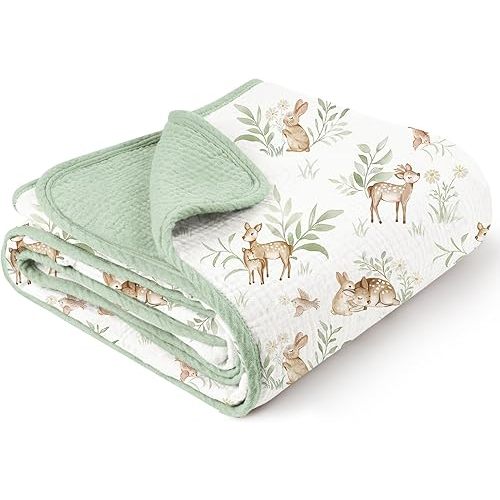 Konssy Muslin Baby Blankets for Girls Boys, 100% Cotton Crib Blanket for Infant Toddler, Super Soft and Lightweight Nursery Swaddling Wrap 40"x36" (Woodland)