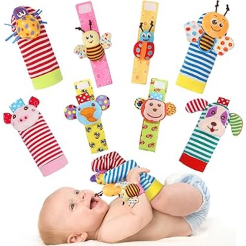 Wrist Rattles Foot Finder Rattle Sock Baby Toy, Rattle Toy, Arm Hand Bracelet Rattle, Feet Leg Ankle Socks, Activity Rattle Present Gift for Newborn Infant Babies Boy Girl Bebe (8 pcs-A)