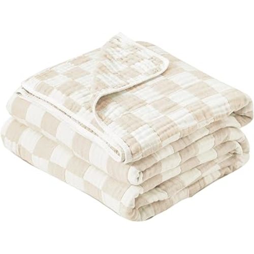 6-Layer Muslin Baby Blanket Checkered Cotton Swaddle Blankets 43" Cream