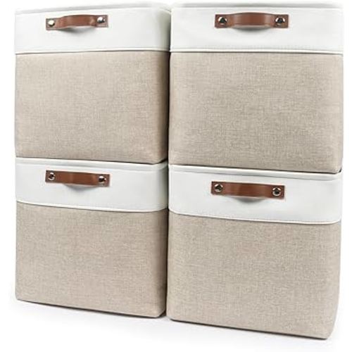 Bagnizer 13x13 Cube Storage Bins, Collapsible Fabric Storage Box, 4 Pack Closet Baskets with Handles for Organizing, Shelf, Toys, Clothes, Home, Office, Nursery (Beige&White)