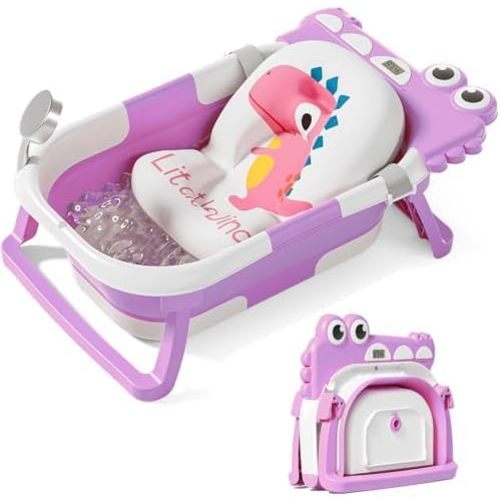 TPN Collapsible Baby Bathtub for Infants to Toddler with Real-time Temp Monitor+Floating Cushion,Foldable Baby Bath Tub Set Applicable 0-36 Month,Perfect Portable Travel Baby Tub for Newborns Boy