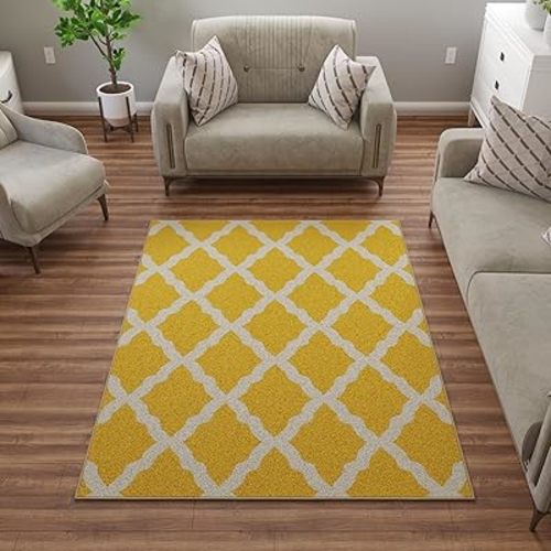Machine Washable Moroccan Trellis Design Non-Slip Rubberback 5x7 Traditional Indoor Area Rug for Living Room, Bedroom, Dining Room, 5' x 6'6", Yellow