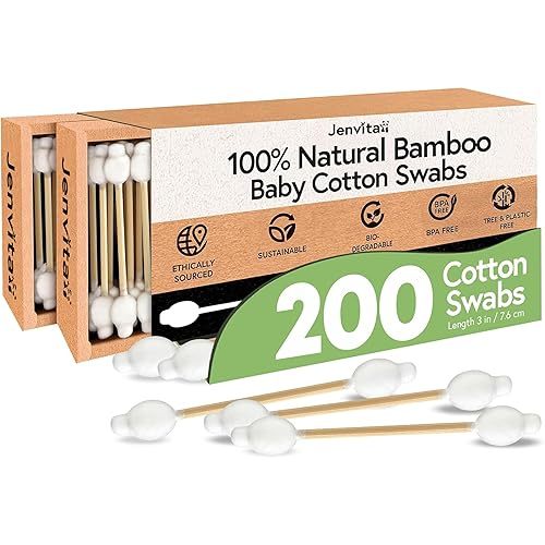 Jenvita 100% Bamboo Cotton Swabs for Ears (200-Pack) - Perfect for Baby & Personal Care | Double-Tipped Ear Swabs Cotton for Makeup & Cleaning | FSC Certified & Hypoallergenic, Made for All Ages & Pet