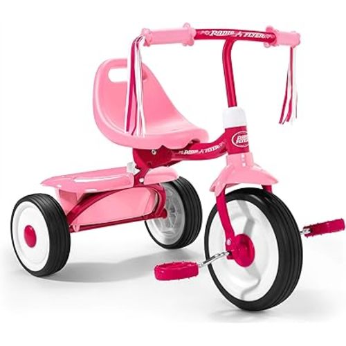 Radio Flyer 415PS Kids Readily Assembled Steel Framed Adjustable Beginner Fold 2 Go Trike with Spacious Storage Bin and Handle Streamers, Pink