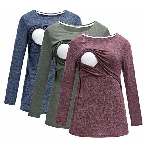 Bearsland Women's 3 Packs Maternity Clothes Long Sleeves Breastfeeding Shirts Nursing Top