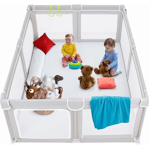 TODALE Baby Playpen 70”×59”- Play Yard with Tear-Resistant Material, Anti-Slip Suckers, Breathable Mesh, Gate - Kids Big Play Pens for Babies and Toddlers, for Sleep & Activity, Baby Fence, Grey