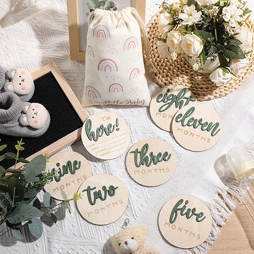 3D Baby Monthly Milestone Card Signs Baby Announcement Sign 7 Pack Double Sided Hello World Newborn Signs Wooden Circles Discs for Welcome Newborn Shower Boy Girl Photo Props(Green)