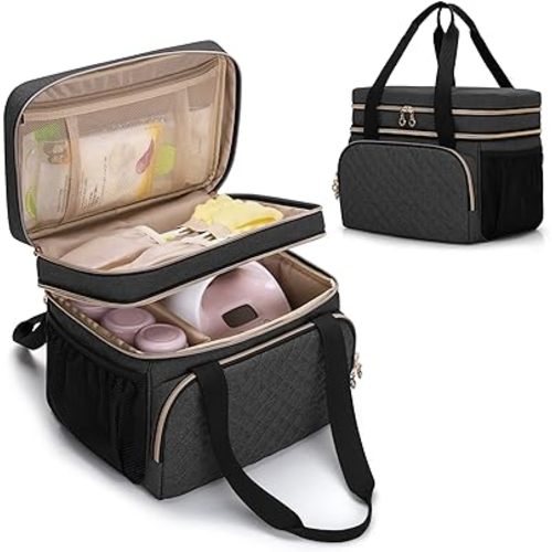 Luxja Double Layer Breast Pump Bag Compatible with Spectra S1 and S2, Pump Bag for Breast Pump and Extra Parts, Bag Only, Black