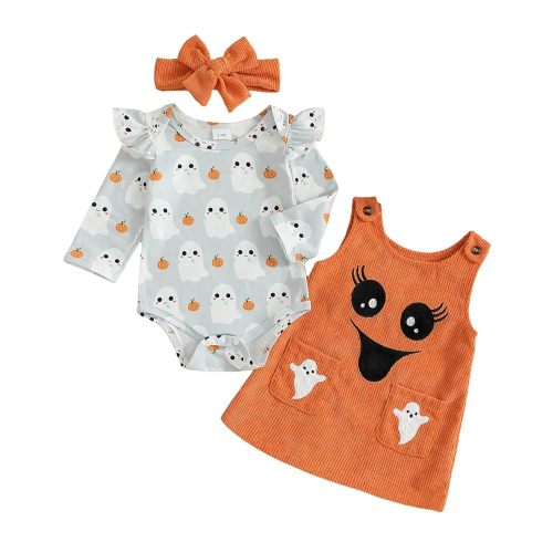Adobabirl My First Halloween Baby Girl Outfit Pumpkin Ruffle Long Sleeve Romper Overall Dress Headband Cute Fall Clothes