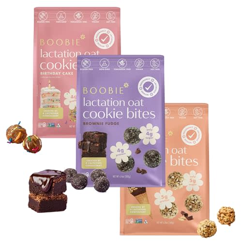 Boobie Lactation Cookies, Birthday Cake + Chocolate Peanut Cone + Brownie Fudge | Vegan, Gluten-Free, Dairy-Free, Soy-Free Plant-Based Protein + Prebiotics | 5g Sugar, Non-GMO, Kosher - 7 servings, 3 packs