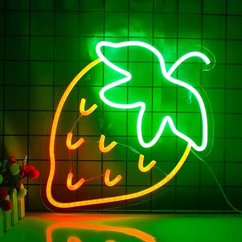 Strawberry Neon Sign Red Green Strawberry Led Sign Fruit Shape Neon Light for Bedroom Wall Decor, Bar, Fruit Shop, Restaurant (15 * 13 inch)