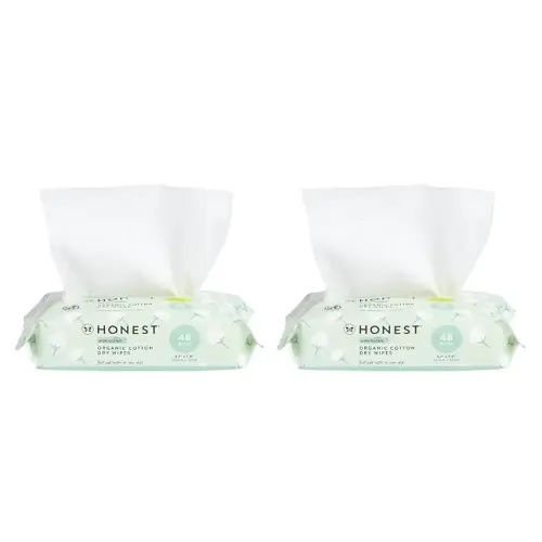 The Honest Company 100% Pure Organic Cotton Dry Wipes | Multi-Use Disposable Facial Cloth and Baby Wipe | Hypoallergenic and Gentle on Skin | 96 Count (2 Packs of 48)