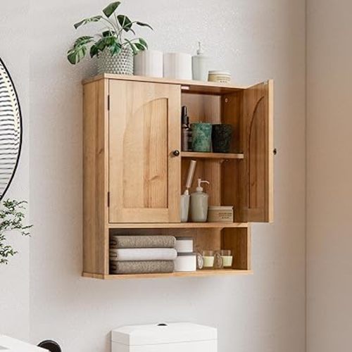 Medicine Cabinet, Over The Toilet Storage Cabinet, Bathroom Wall Storage Cabinet with Arched Doors & Adjustable Shelves, Wall Mounted Bathroom Cabinet for Kitchen, Laundry Room, Living Room,Natural