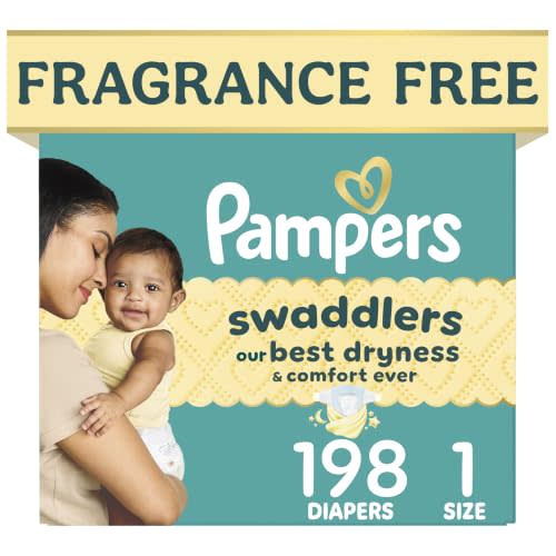 Pampers Swaddlers Diapers, Size 1 (8-14 lbs), 198 Count, Fragrance Free, Hypoallergenic, Absorbent, Pediatrician Recommended, Skin Safe