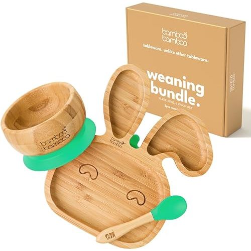 Bamboo Baby Bowl and Plate with Suction - Kids and Toddler Suction Cup Plate for Babies, Non-toxic All-Natural Bamboo Baby Food Plate Stays Cool to the Touch for Baby-Led Weaning (Bundle Green)