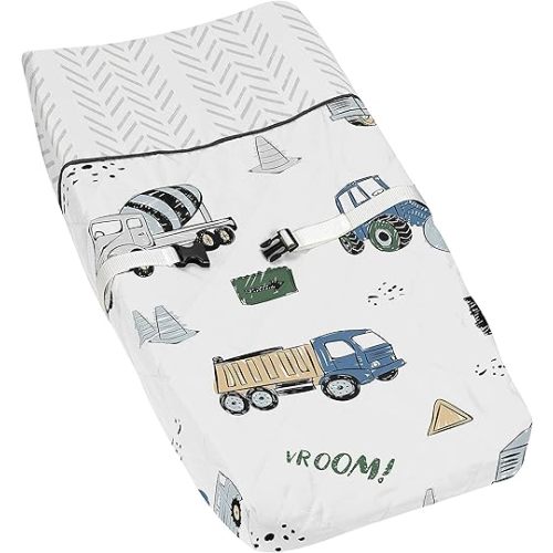 Sweet Jojo Designs Construction Truck Boy Baby Nursery Changing Pad Cover - Grey Yellow Black Blue and Green Transportation Chevron Arrow